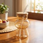 Glass Golden Cup With Wooden Lid and Straw